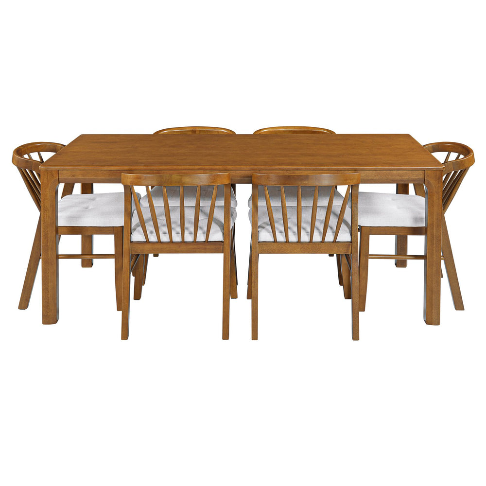 English Elm 7-piece Rubberwood Windsor Spindle Back Dining Set with Upholstered Seats for Family Rooms Beige,Walnut N768P427476W_N768P427477W_6