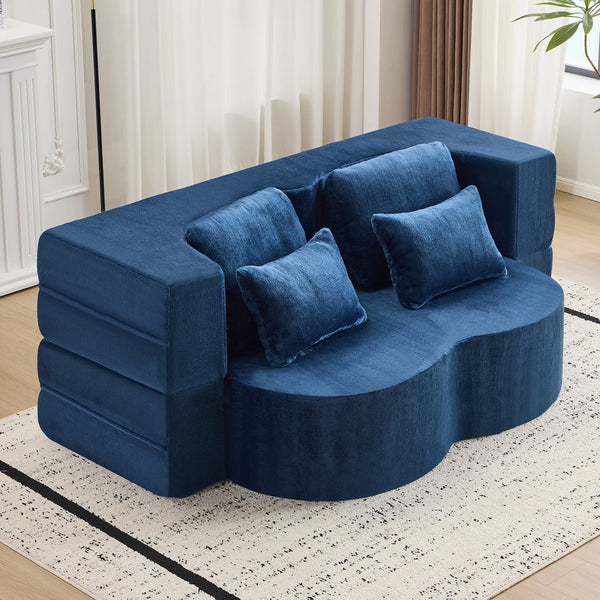 English Elm Queen Foldable Sofa Bed with Plush Chenille Cover, High-Density Foam Convertible Futon for Living Room Guest Room Bedroom Blue W1829P348211