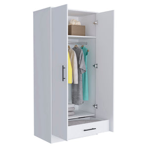 English Elm Rio White Double Door Armoire 71" High with Hanging Rod, Spacious Top Shelf & Hidden Bottom Drawer B128S00112