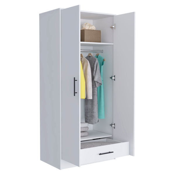 English Elm Rio White Double Door Armoire 71" High with Hanging Rod, Spacious Top Shelf & Hidden Bottom Drawer B128S00112