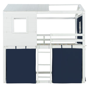 English Elm Full Size Kids Playhouse Bunk Bed Pinewood Frame with Tent Roof and Window Cutouts Blue LT000380AAC-1