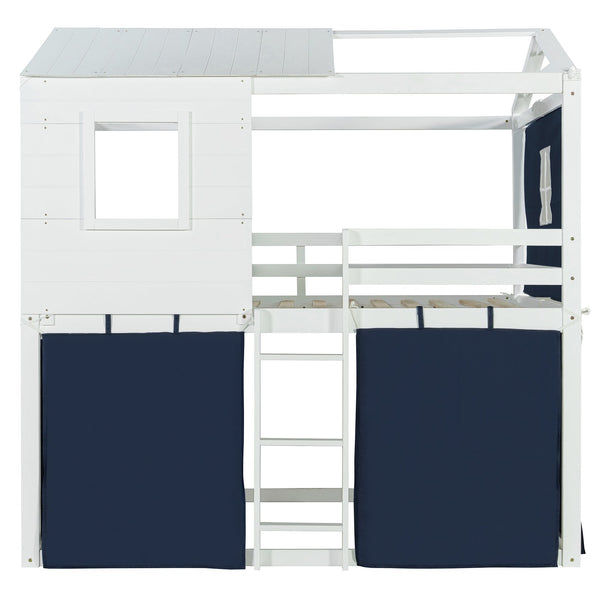 English Elm Full Size Kids Playhouse Bunk Bed Pinewood Frame with Tent Roof and Window Cutouts Blue LT000380AAC-1