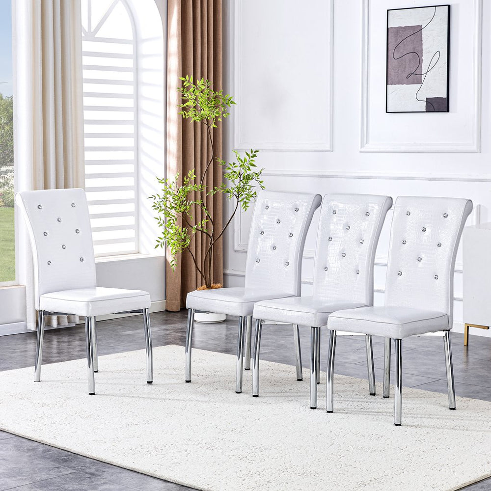 English Elm Set of 4 Glam Faux Leather Dining Chairs with Crystal Buckle and Gold Tone Legs White W3226P311054