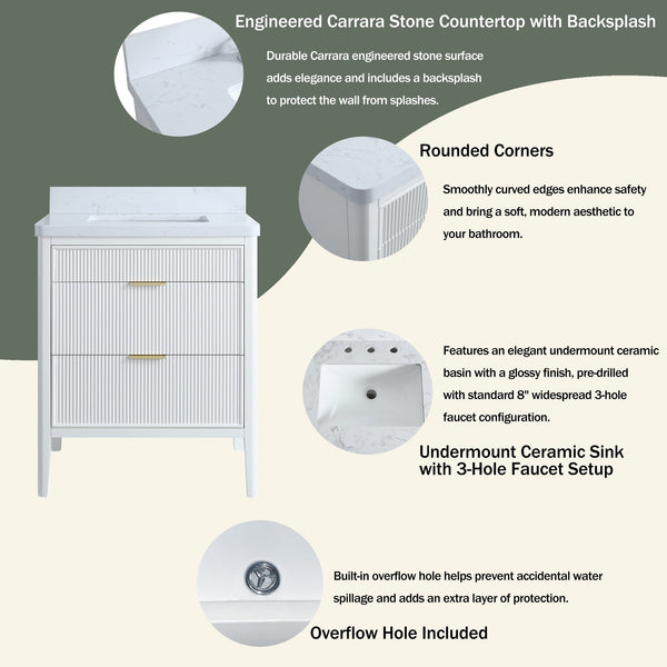 English Elm Fully Assembled 30 Inch Bathroom Vanity Solid Rubberwood Cabinet Carrara Marble Top W1826P439632