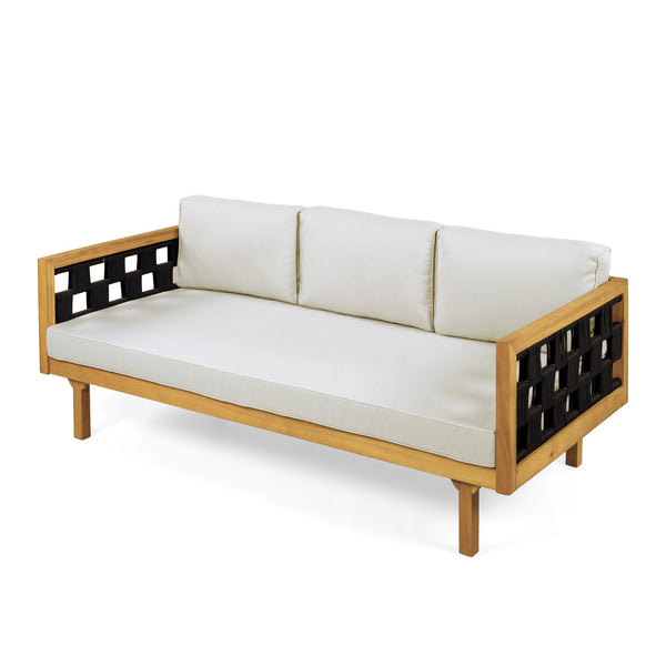 English Elm Three-seater Outdoor Daybed Acacia Wood Teak Frame with Woven Rope and Grey Cushions N770P373436L