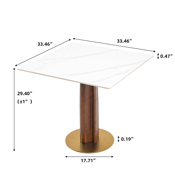 English Elm Modern Square Dining Table, 33.5" Sintered Stone Top With Wooden Legs & Gold Base - 2-Person Design W1535S00609