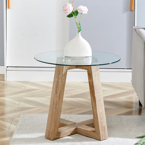 English Elm Modern and Practical Round Table. Made Of Clear Tempered Glass Top and Wood-Coloured Mdf Material. Suitable For Living Rooms and Bedrooms.