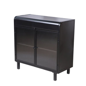 English Elm Modern Sideboard Buffet Cabinet Antique Black Steel Frame with Tempered Figured Glass Doors, Flip-Top Storage Console W3122P272901