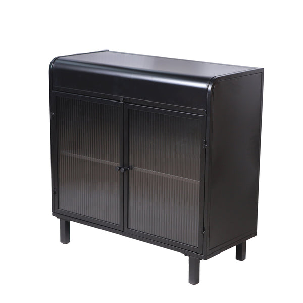 English Elm Modern Sideboard Buffet Cabinet Antique Black Steel Frame with Tempered Figured Glass Doors, Flip-Top Storage Console W3122P272901