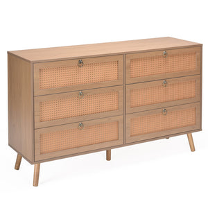 English Elm Rattan 6-Drawer Double Dresser with Handwoven PE Rattan Fronts, Wood Top, Copper Pulls, Spacious Storage Vintage T3623P411339