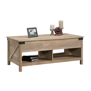 English Elm Lift-Top Coffee Table With Hidden Storage & Open Shelves - Modern Brown Finish For Versatile Living Spaces B356P367802