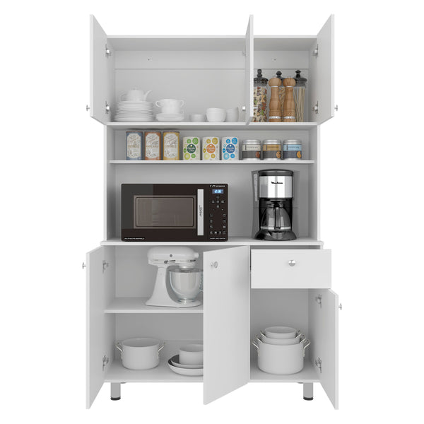 English Elm White Tall Kitchen Pantry Cabinet with Microwave Shelf Open and Enclosed Storage B062S01857