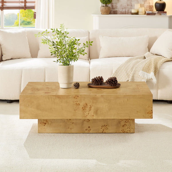 English Elm 43.31 Inch Burl Veneer Rectangular Coffee Table Mid-century Pedestal Base Living Room Natural W2582P431210