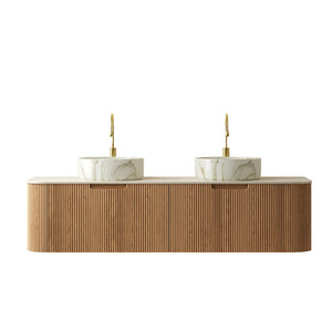 English Elm Dina 60 Inch Floating Bathroom Vanity Sintered Stone Top Dual Glass Basins Wood Grain Beige,Natural Wood,White W2615S00511