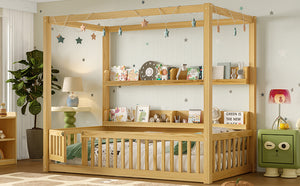 English Elm Twin House Floor Bed with Door and Full-Length Guardrails, Solid Wood Double Twin Floor Bed for Kids' Playful Rooms Natural W1580P359329