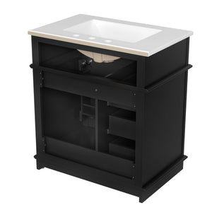 English Elm 30" Freestanding Bathroom Vanity Acacia Wood Matte Black Finish Gold Knobs Ceramic Sink N759P227429B