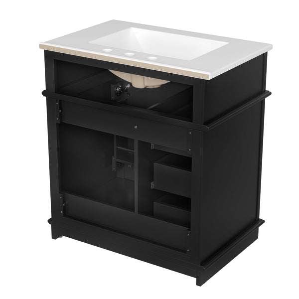 English Elm 30" Freestanding Bathroom Vanity Acacia Wood Matte Black Finish Gold Knobs Ceramic Sink N759P227429B