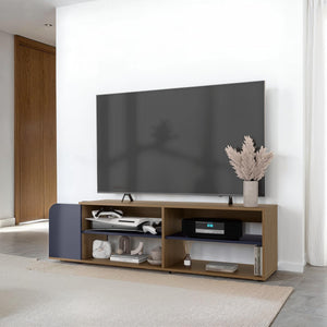 English Elm Modern TV Stand Navy Blue & Natural Oak 59" Entertainment Console with Open Shelves, Scratch-Resistant Finish B128P387084