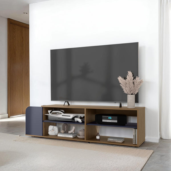 English Elm Modern TV Stand Navy Blue & Natural Oak 59" Entertainment Console with Open Shelves, Scratch-Resistant Finish B128P387084