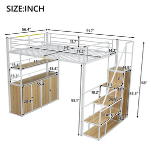 English Elm Full Size Metal Loft Bed with Desk, Storage Staircase, Wardrobe & Shelves — Space-Saving White GX002219AAK
