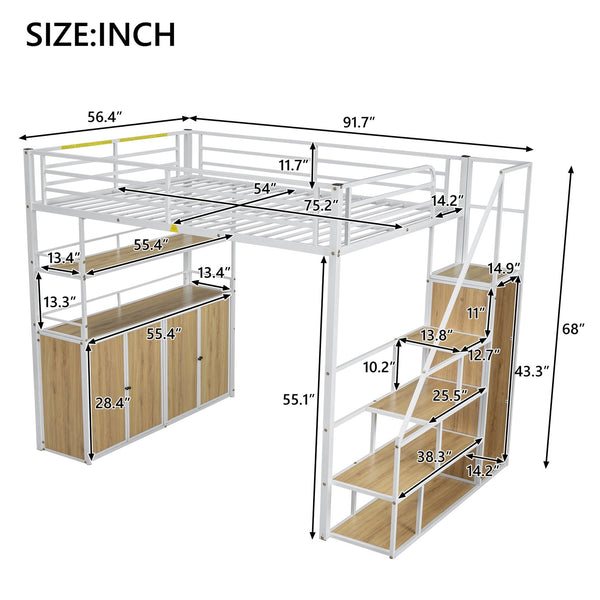 English Elm Full Size Metal Loft Bed with Desk, Storage Staircase, Wardrobe & Shelves — Space-Saving White GX002219AAK