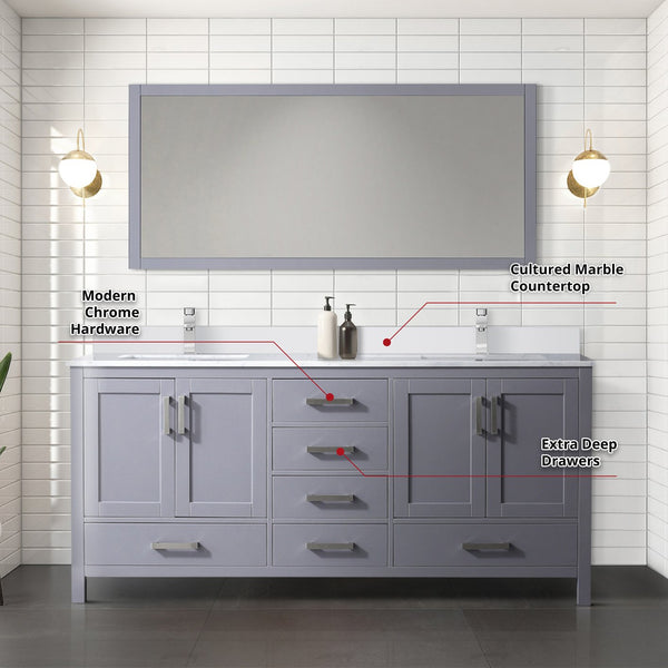 English Elm Dark Grey Double Bath Vanity 72" W x 22" D with Scratch‑Resistant Cultured Marble Top, Faucet & Mirror B2731S01023