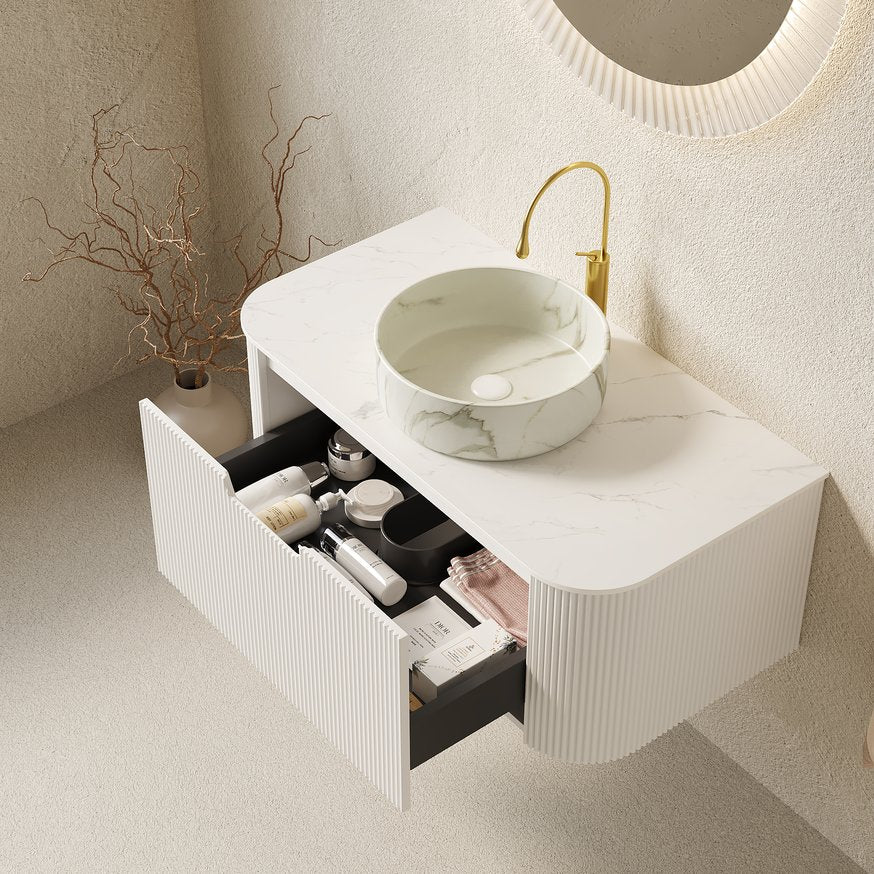 English Elm Dina Floating Bathroom Vanity Sintered Stone Top Glass Basin Striped Plywood Cabinet W2615S00433