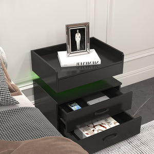 English Elm 1 Set Led Strip Nightstand with 2 Drawers Open Shelf Contemporary Bedside Storage Black W578P462506