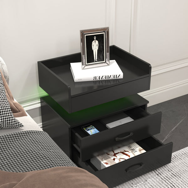 English Elm 1 Set Led Strip Nightstand with 2 Drawers Open Shelf Contemporary Bedside Storage Black W578P462506
