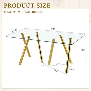 English Elm Tempered Glass Rectangular Dining Set Seats 8 with Glam Metal Legs Pu Leather Chairs Gold,White W3875S00055