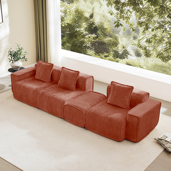 English Elm Streamlined Velvet L-shaped Sectional Sofa with Ottoman and Cloud Cushion Living Room Red W3041S00359