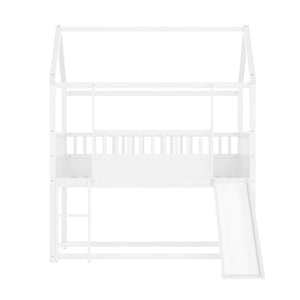 English Elm House Twin Bunk Bed with Built-In Slide and 3-Stage Ladder, Pine French Design with High Guardrail Safety White W1858P241095