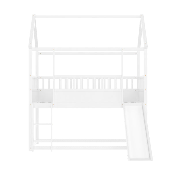 English Elm House Twin Bunk Bed with Built-In Slide and 3-Stage Ladder, Pine French Design with High Guardrail Safety White W1858P241095