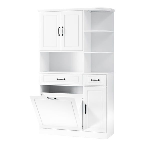 English Elm Tall Freestanding Organizer Cabinet with Tilt-Out Hamper, 2 Drawers, Adjustable Shelves, Modern White MDF Storage N725S352451K