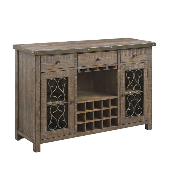 English Elm Raphaela Weathered Cherry Server with 15-Bottle Wine Rack, 4-Cup Holder, Drawers & Shelves - Rustic Elegance B2726P256328