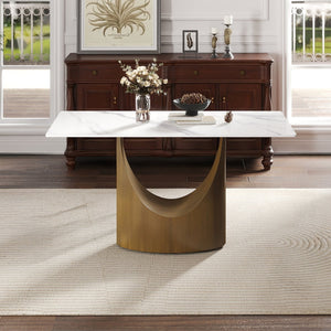 English Elm 55.12 Modern Sintered Stone Dining Table with Bronze Iron Legs, Rectangular Seat for 6, 400lb Capacity Antique Brass,White W1535S00554