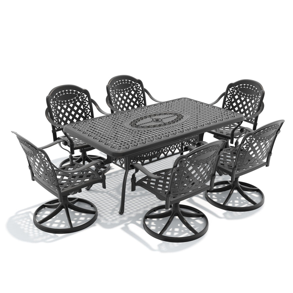 English Elm 7-piece Outdoor Cast Aluminum Dining Set Ornate Relief Patio Table Six Swivel Chairs W1710S00320
