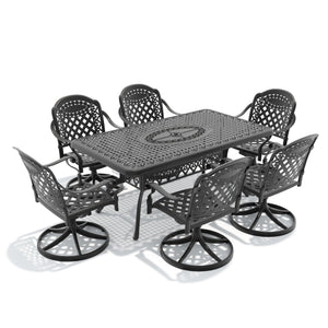 English Elm 7-piece Outdoor Cast Aluminum Dining Set Ornate Relief Patio Table Six Swivel Chairs W1710S00320