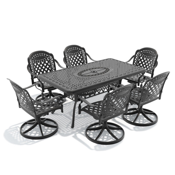 English Elm 7-piece Outdoor Cast Aluminum Dining Set Ornate Relief Patio Table Six Swivel Chairs W1710S00320