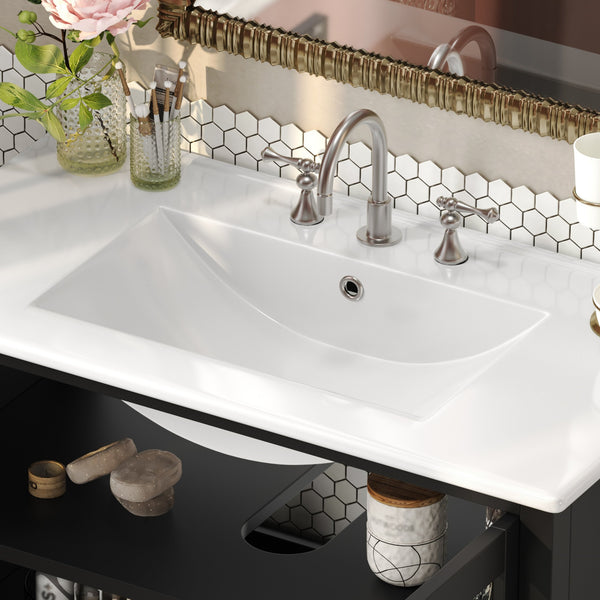 English Elm Christopher Knight Home® - 36" Bathroom Vanity with Ceramic Sink, Solid Wood Legs, Waterproof Finish, Soft-Close Hinges, Open Shelf, Silver Knobs Black N817P286249B