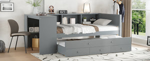 English Elm Twin Size Daybed With Trundle And Desk, Stylish Wood Frame With Storage Drawers And Shelves, Gray W1580S00204-GIGA