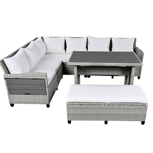English Elm TOMAX 5-Piece Outdoor Rattan Sectional Sofa Set with Extendable Side Tables and Dining Table White SP100006AAK