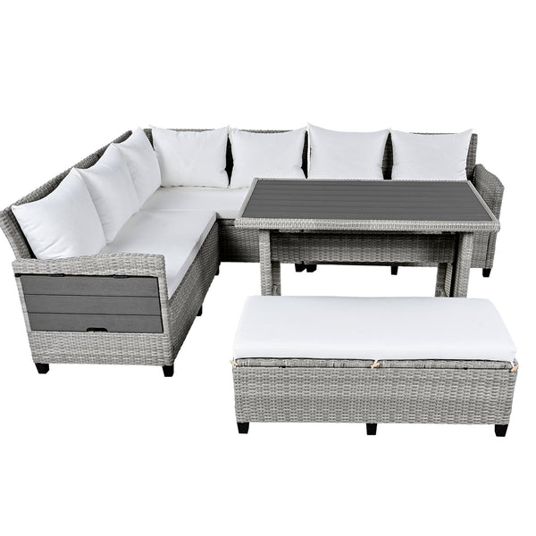 English Elm TOMAX 5-Piece Outdoor Rattan Sectional Sofa Set with Extendable Side Tables and Dining Table White SP100006AAK