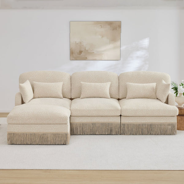 English Elm 100"comfy Chenille Leopard Print Sectional Sofa with Tassel Trim and Movable Ottoman Beige W5656S00005