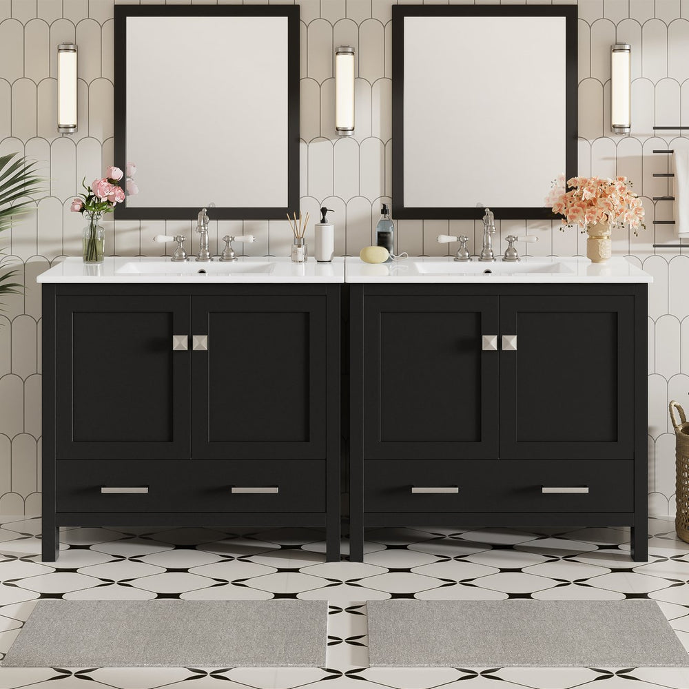 English Elm 72" Black Bathroom Vanity Set with Double Ceramic Sinks, Soft-Close Doors, Divided Drawer, Ample Storage and Solid Wood Frame for Durable Modern Style N729P000006B