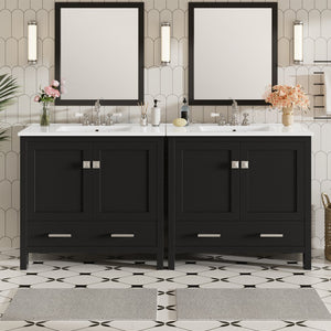 English Elm 72" Black Bathroom Vanity Set with Double Ceramic Sinks, Soft-Close Doors, Divided Drawer, Ample Storage and Solid Wood Frame for Durable Modern Style N729P000006B