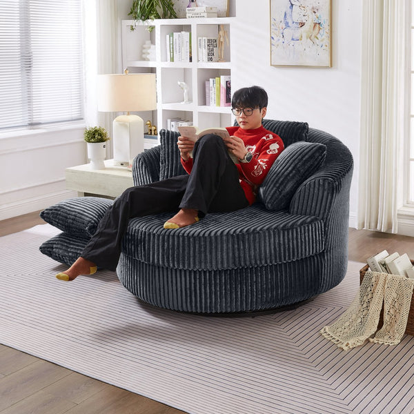 English Elm 360° 360 Swivel Round Lounge Chair Corduroy Upholstered Sculptural Seat with Removable Pillows Gray W3705S00039