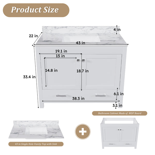 English Elm Modern 43" Bathroom Vanity With Durable Carrara White Top, Stylish Storage, And Soft-Closing Drawers W509S00142