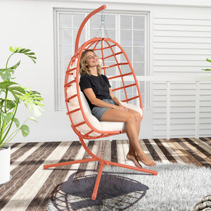 English Elm Egg Hanging Chair with Stand Pe Rattan Swing Seat Washable Cushion Patio Bedroom T5880P497444