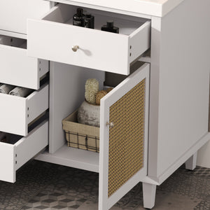English Elm Christopher Knight Home® - 60" Modern Bathroom Vanity with Durable SMC Sink, Rattan Doors, Soft-Close Drawers, Pine Legs White N817P296130W